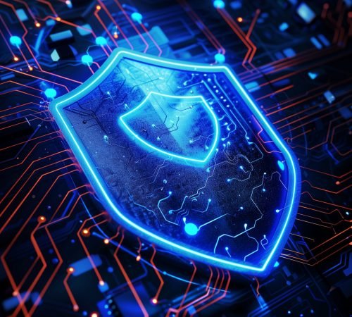 3D illustration of a blue shield icon with glowing neon lights on it, surrounded by circuit patterns and digital elements in the background, cyber security concept, high resolution photography, insanely detailed, fine details, isolated plain, stock photo, professional color grading, clean sharp focus. --ar 2:3 Job ID: e42f5550-aa87-4f82-8643-c969eb2a2df8